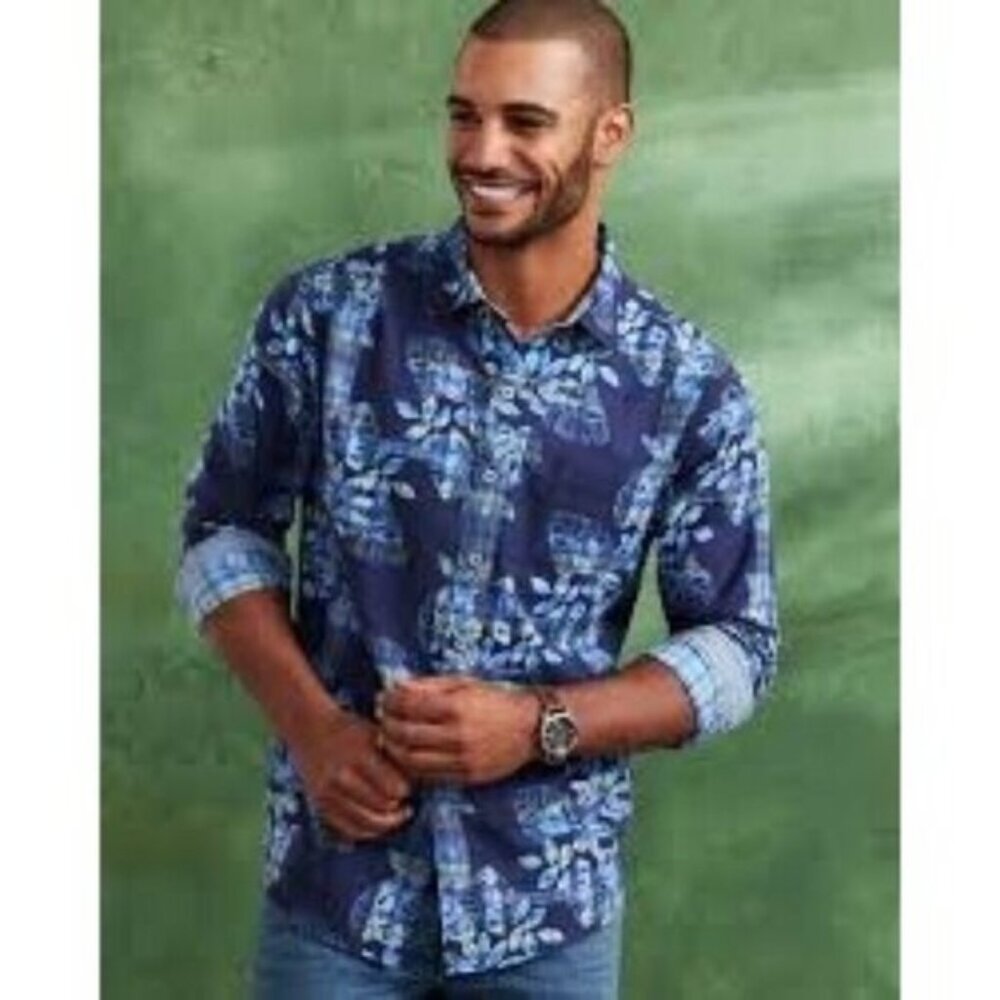 Tommy Bahama Long Sleeve Mens Navy Blue Floral Shirt Jingle Plaid Rock Large